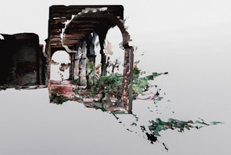 A surreal and fragmented vision of ancient architectural arches is interspersed with vibrant green foliage. The stone structures appear partially digitized, with pixelated edges blending into the natural elements, creating a dreamlike atmosphere. Sunlight filters through the arches, casting soft shadows on the red brick path below.