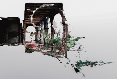 A surreal and fragmented vision of ancient architectural arches is interspersed with vibrant green foliage. The stone structures appear partially digitized, with pixelated edges blending into the natural elements, creating a dreamlike atmosphere. Sunlight filters through the arches, casting soft shadows on the red brick path below.
