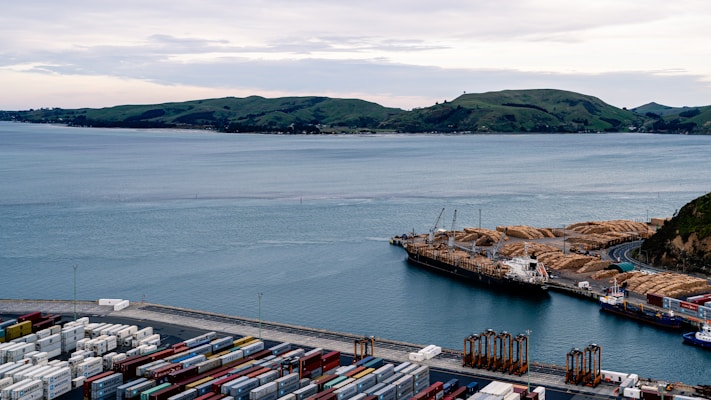 A coastal port scene features a large body of water with several hills in the background. In the foreground, numerous shipping containers are stacked at the dock. There are cranes and machinery near the water