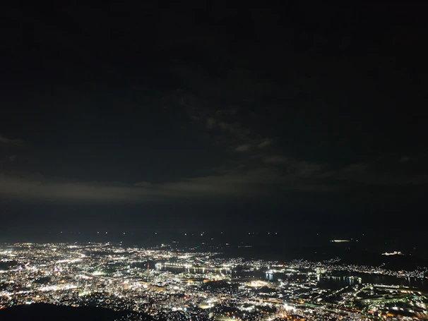 A sprawling energy grid at dusk with glowing lines representing data flow overlay.