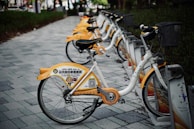 A row of rental bicycles with yellow and white designs parked on a paved pathway. The bikes are lined up in a docking station under trees, with grass on the sides of the path. Each bike features advertising and company branding on the rear wheel cover.