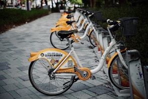 A row of rental bicycles with yellow and white designs parked on a paved pathway. The bikes are lined up in a docking station under trees, with grass on the sides of the path. Each bike features advertising and company branding on the rear wheel cover.