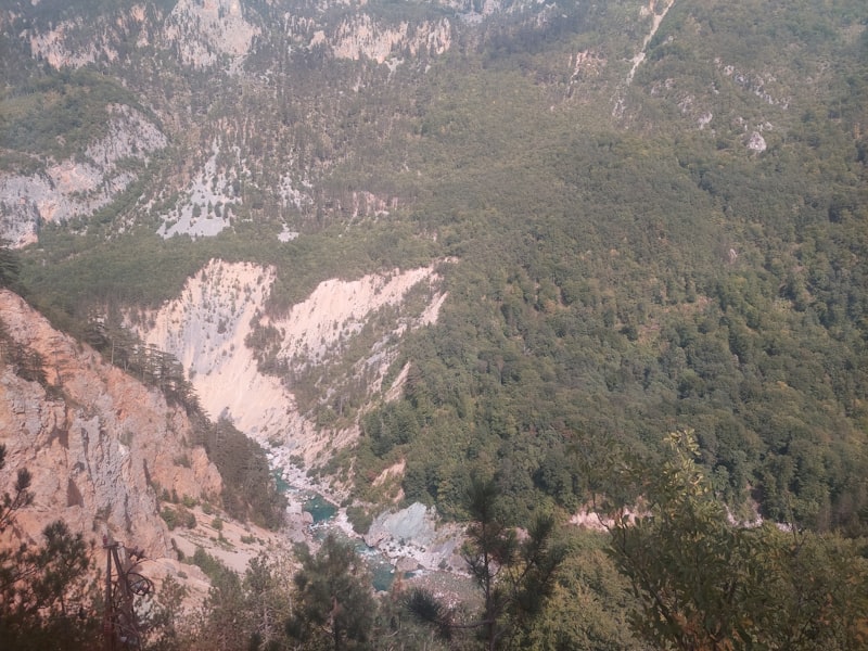 Gorges boisées en montagne avec rivière et falaises rocheuses