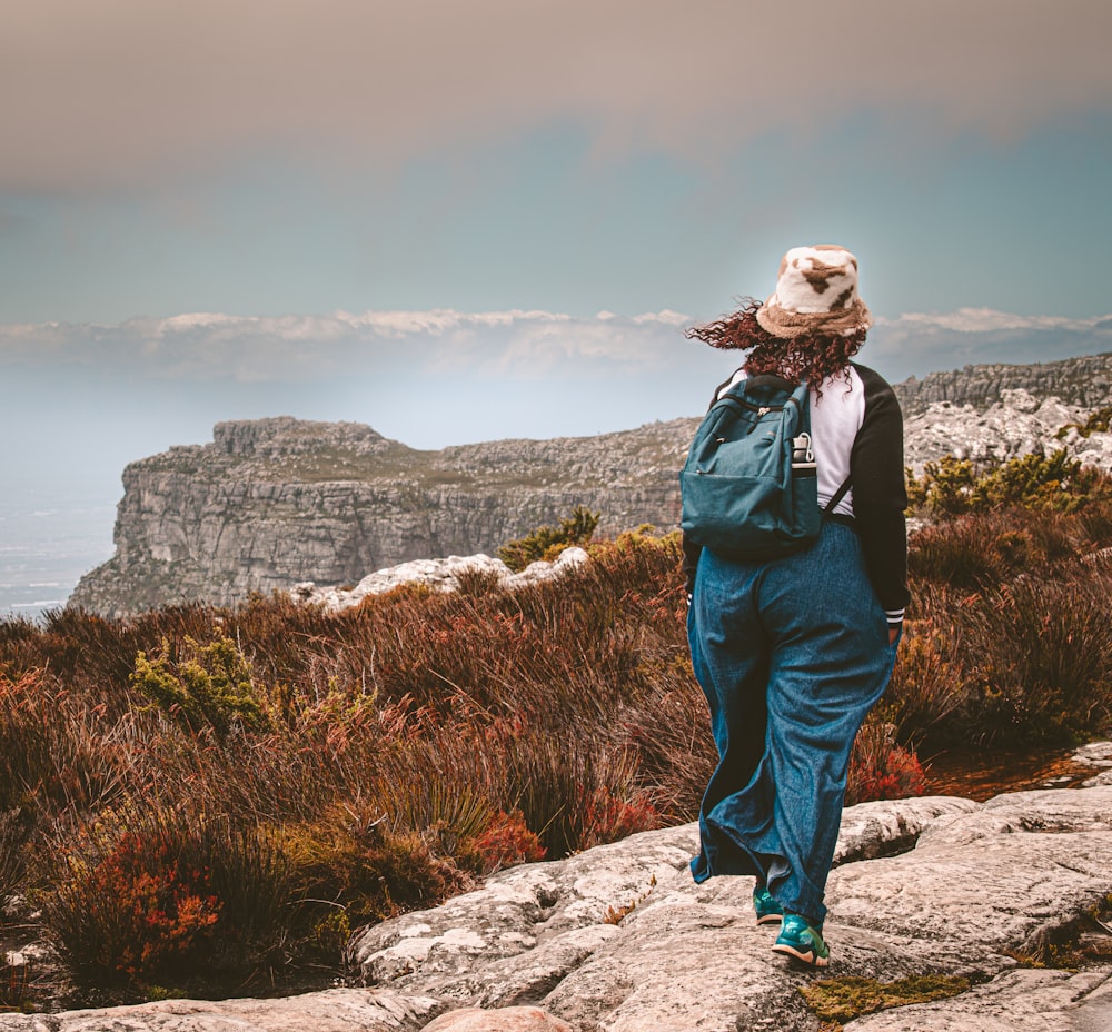 a person with a backpack on top of a mountain