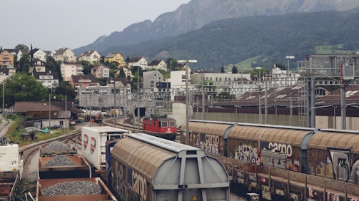 A railway yard with several cargo trains and a red locomotive on the tracks. The yard is busy with freight wagons filled with gravel and covered with graffiti. In the background, there are residential houses on a hillside, with a range of mountains further behind.