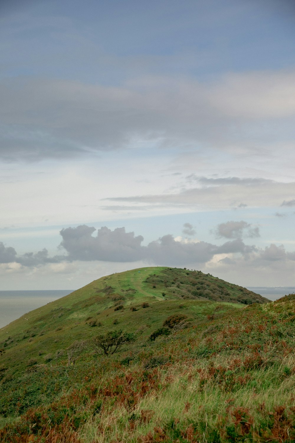 a grassy hill with a few clouds in the sky