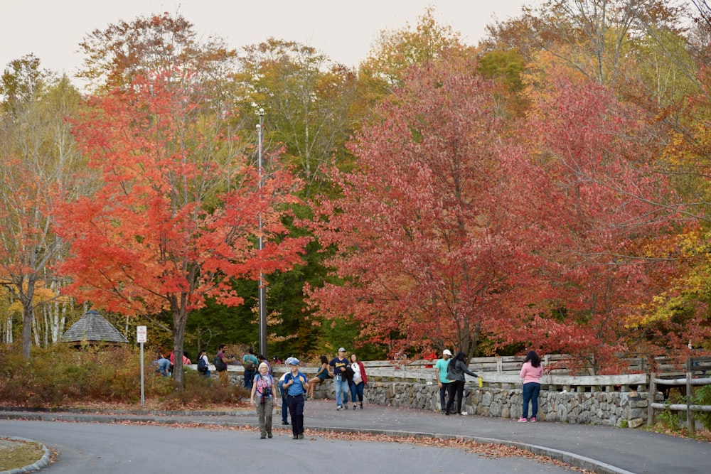 a group of people walking across a bridge