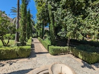 A serene garden pathway lined with seasonal flowers and trimmed hedges under a clear blue sky.