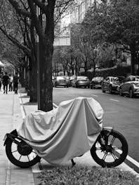A covered motorcycle is parked beside a sidewalk lined with trees. Several cars are parked along the street, and a group of people walk on the sidewalk. The scene is in black and white, creating a contrast between the light and dark elements.