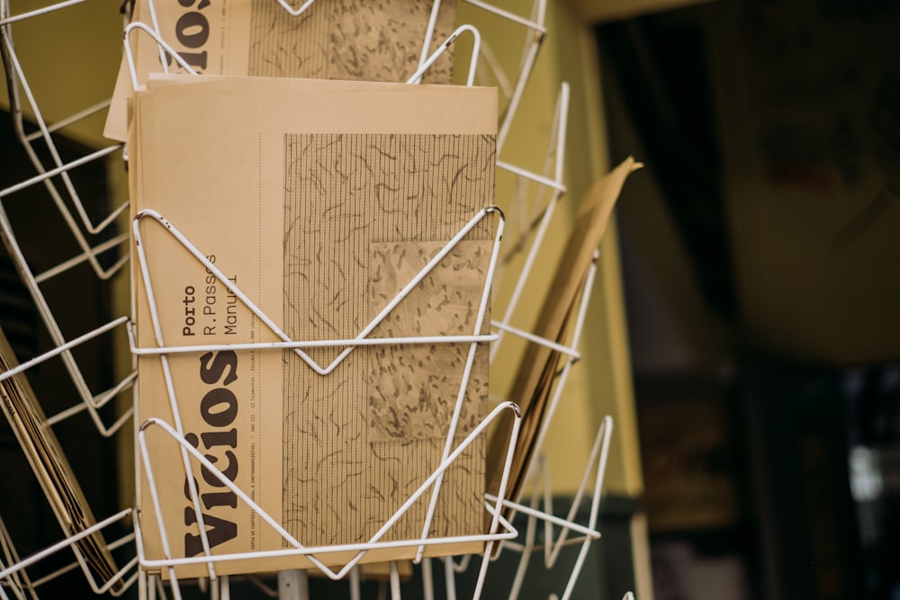 a close up of a book in a wire basket
