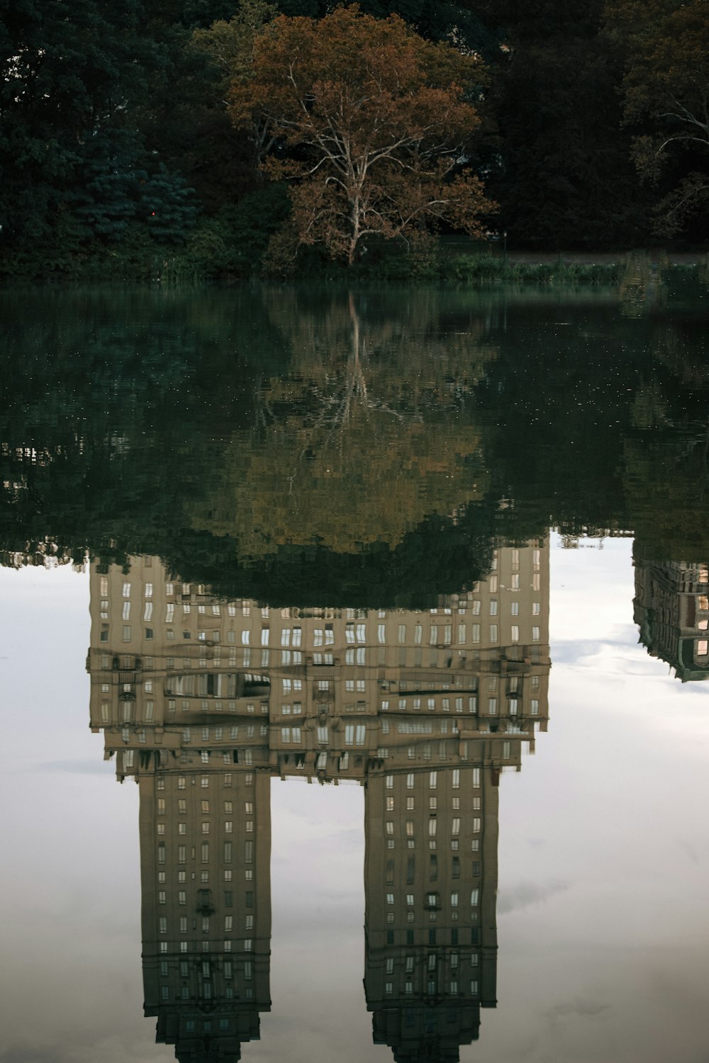 a reflection of a building in the water