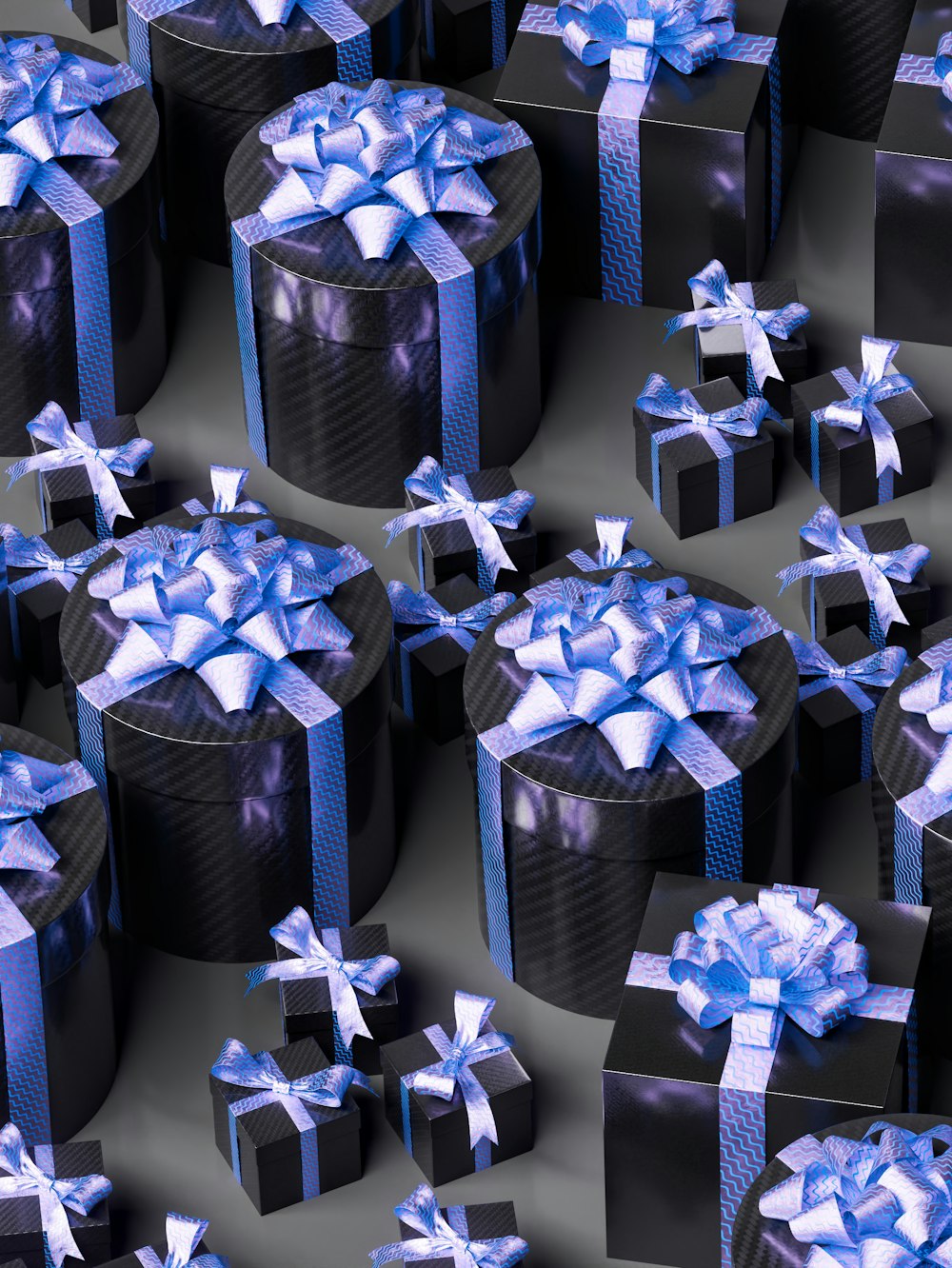 a group of black boxes with blue bows