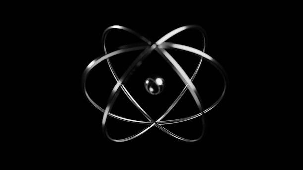 A glowing atom model with orbiting electrons against a dark blue background, symbolizing physics education.