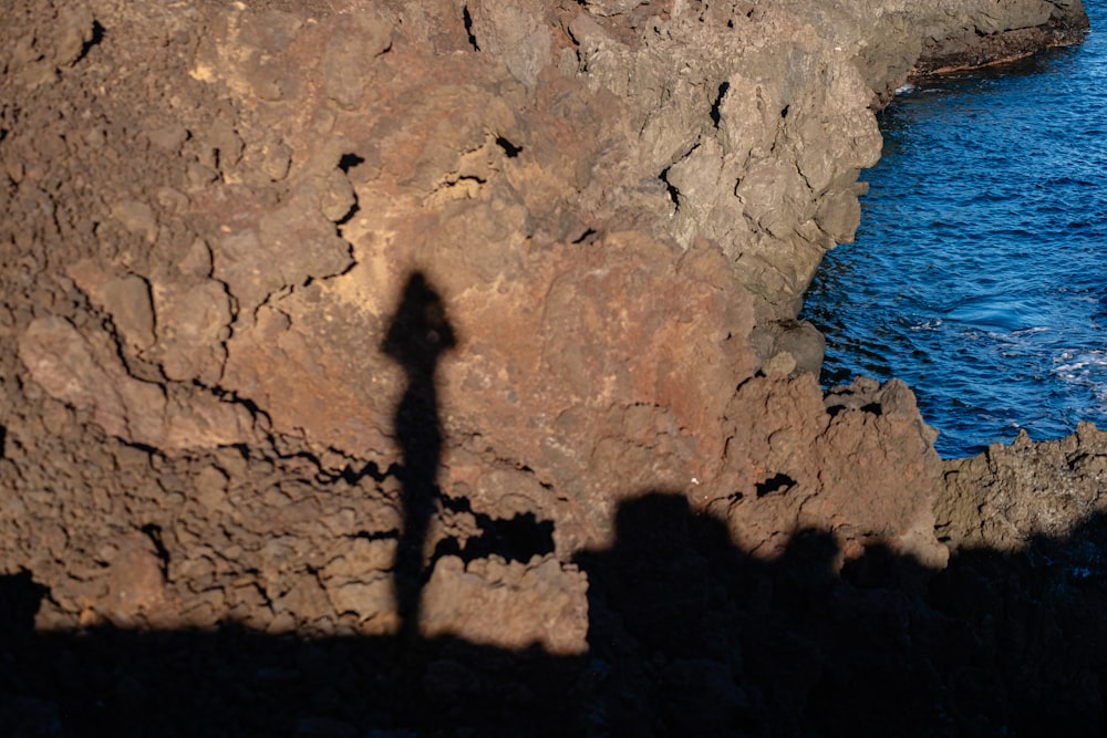 a shadow of a person standing on a cliff next to the ocean