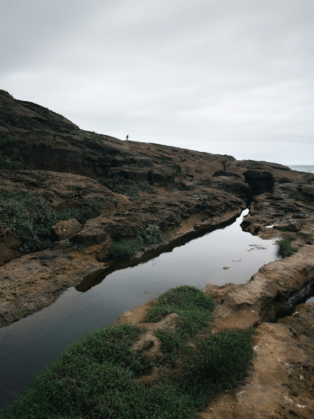 a body of water surrounded by rocks and grass