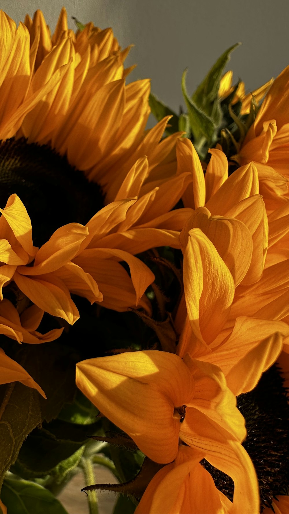 a vase filled with yellow sunflowers on top of a table