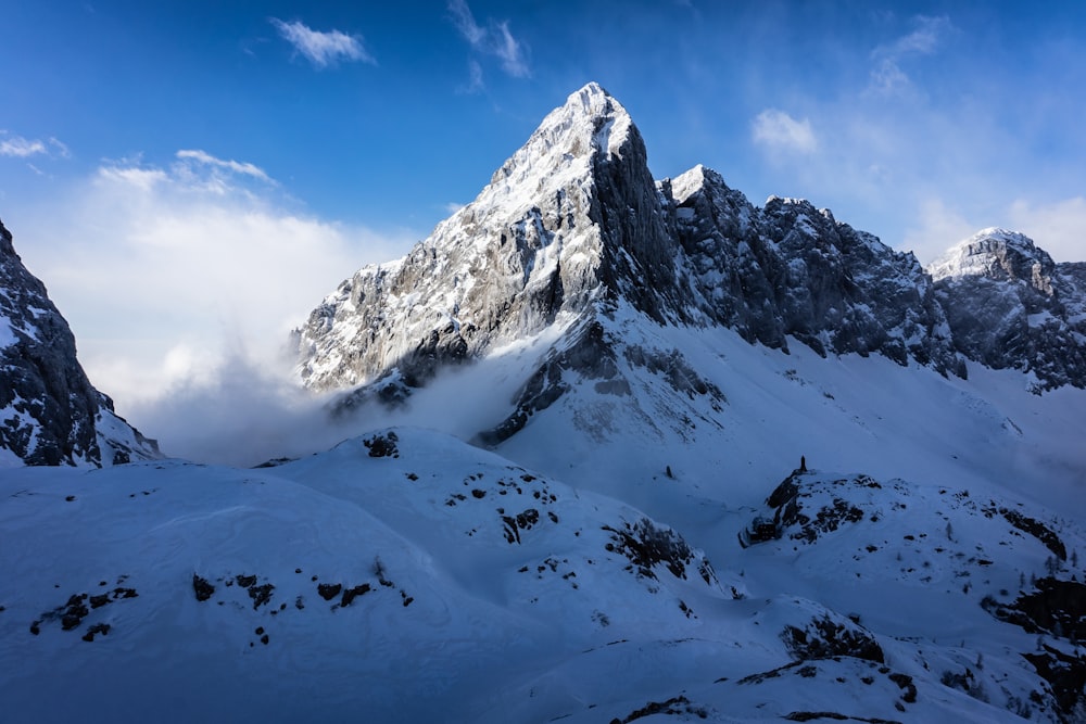 a mountain covered in snow under a blue sky