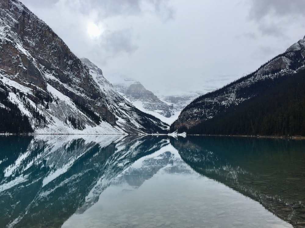 a mountain lake surrounded by snow covered mountains