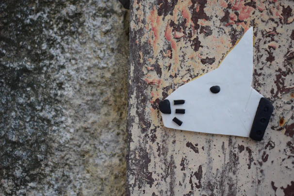 A creative depiction of a dog's head is crafted with white material and black accents for the nose, eye, and whiskers. The artwork is affixed to a weathered wall with peeling paint that features a mix of gray, beige, and reddish-brown colors.