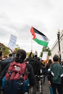 A group of people are participating in a protest. Several individuals are holding up signs; one reads 'CEASE FIRE' and another appears to have text related to ongoing issues. A large flag with red, black, white, and green colors is prominently displayed. The atmosphere is cloudy, and there are trees and buildings in the background.