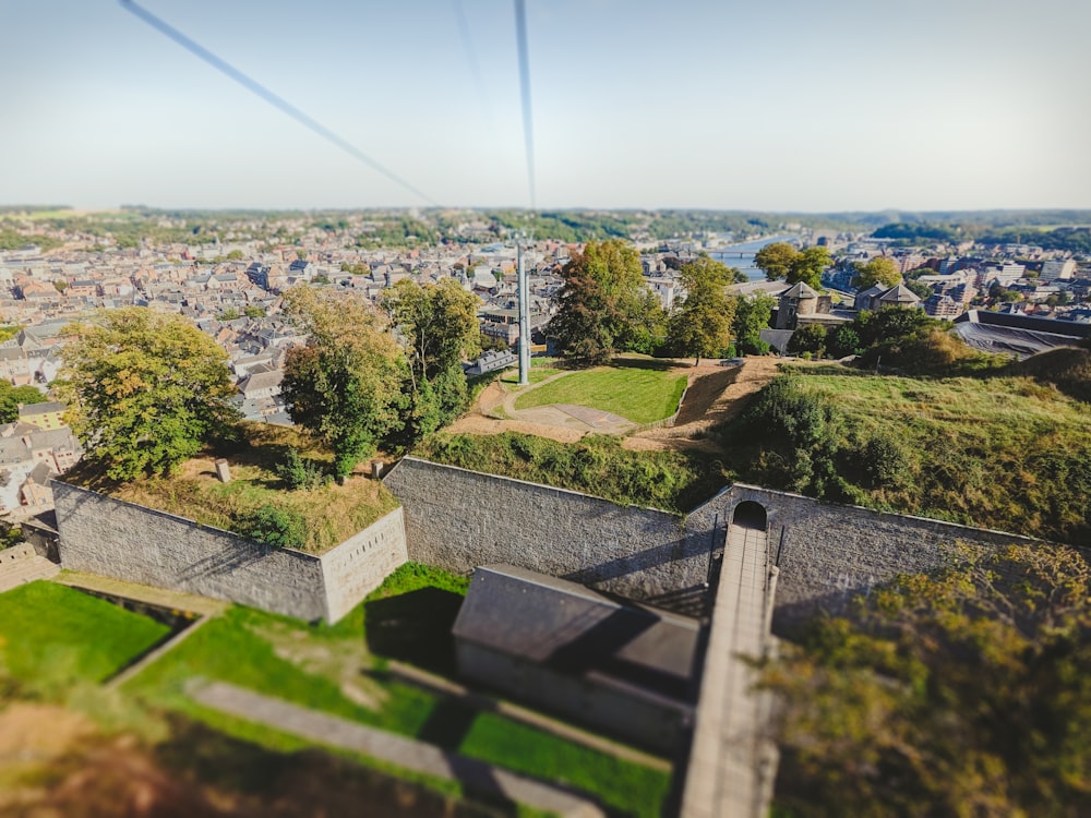 an aerial view of a city and a park