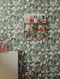 A wall with green plant-patterned wallpaper adorned with a small shelf holding various items, including potted plants, decorative pieces, and magazines. To the left, there is a radiator topped with a stack of red magazines and some hanging items, including umbrellas.