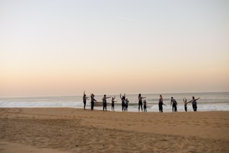 A group practicing synchronized breathwork on a quiet beach at sunrise, waves softly lapping nearby.