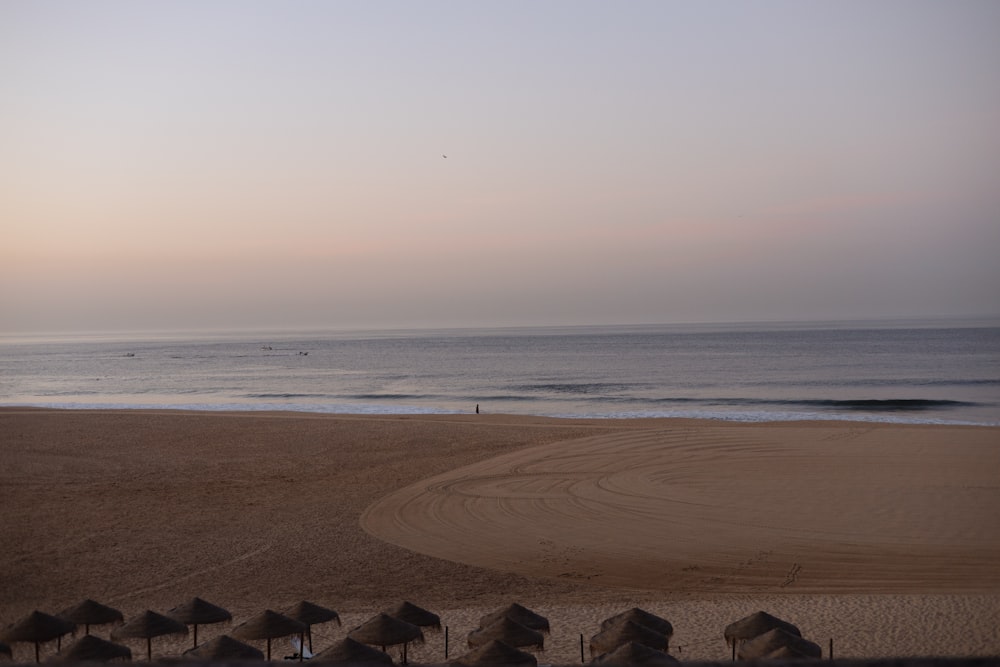 a beach with umbrellas and a body of water