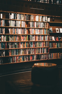 A cozy wooden desk displaying polished wooden book ends holding colorful books upright.