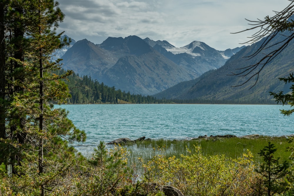 a lake surrounded by trees and mountains under a cloudy sky