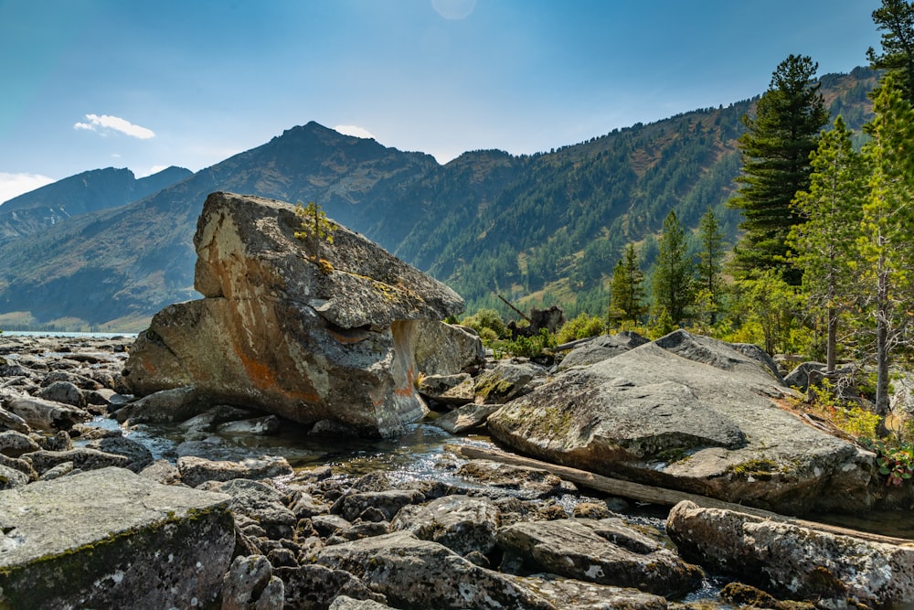 a large rock sitting on top of a rocky river