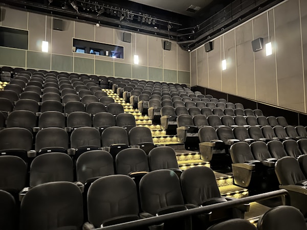 A dimly lit, empty movie theater with rows of black seats. The seats are arranged in a tiered fashion, leading up to a projection booth at the back. Soft lighting along the aisles and on the walls creates a cozy atmosphere.