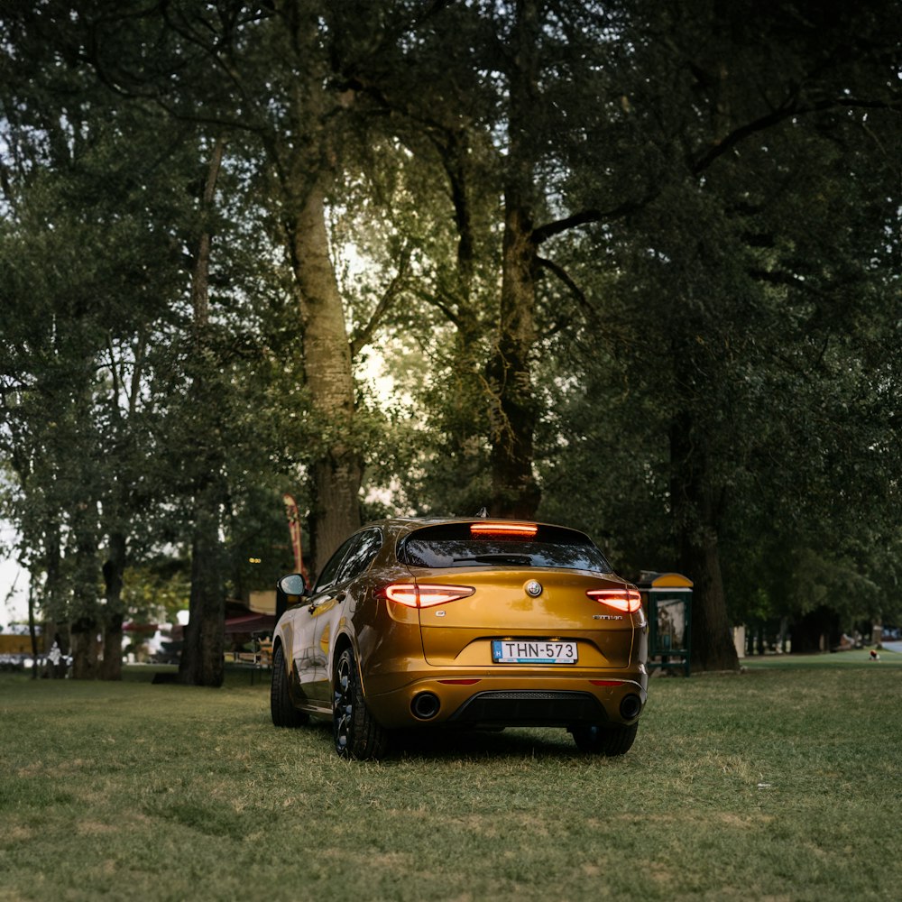a yellow sports car parked in a park