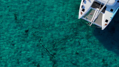 A vibrant catamaran sailing near turquoise waters of Mauritius coastline.