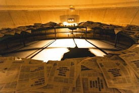 A dimly lit room filled with stacks of newspapers scattered across a circular table. Shadows are cast dramatically on the floor by the light in the center, creating a mysterious and somewhat chaotic ambiance.