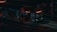 A bus is parked at a dimly lit bus station during nighttime. The bus has glowing red and white LED lights displaying route 69. The surrounding area is dark, with shadows cast on the ground and minimal ambient light. The station appears empty, with no visible people around.