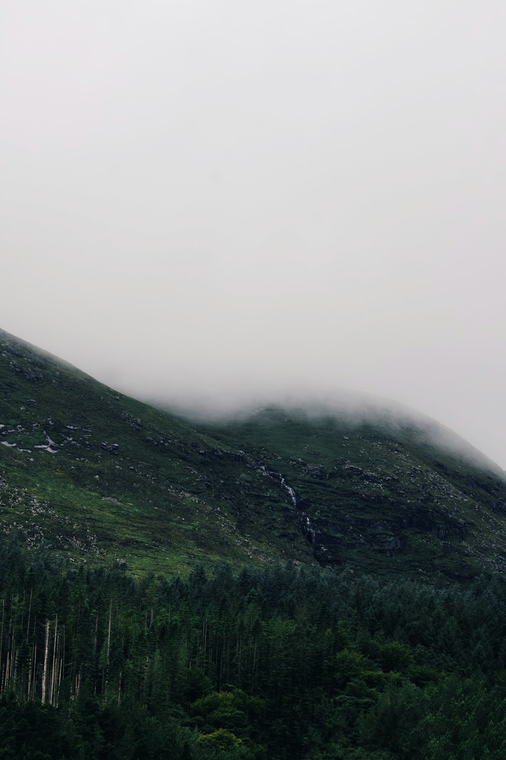 a mountain covered in fog and low lying clouds