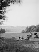 A group of children and a woman are relaxing on a grassy hill. One child is in a wheelchair while another holds an umbrella. The landscape in the background features rolling fields and scattered trees under a clear sky.