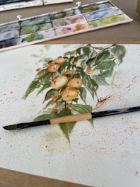 A watercolor painting depicting a bunch of oranges with green leaves on a white sheet of paper. The painting is surrounded by splatters of paint. A brush is placed across the lower part of the painting. A watercolor palette with various colors is seen in the background.
