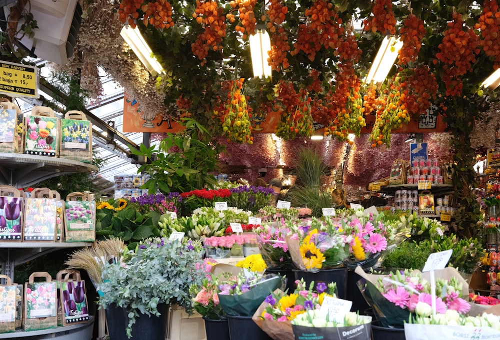 Una tienda llena de muchos tipos diferentes de flores