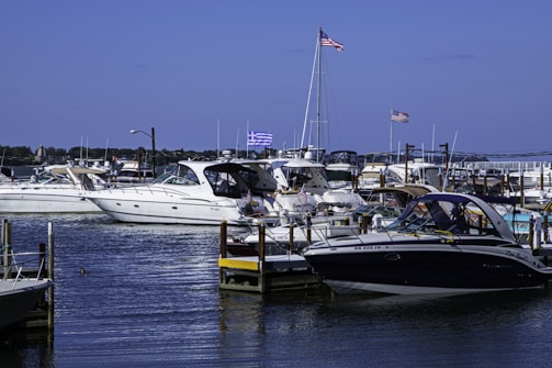 A lively marina scene featuring several docked motorboats. American flags are prominently displayed on the boats and at the marina. The sky is clear, suggesting a sunny day, and a nearby landscape with a strip of trees is visible in the distance. The water in the marina reflects the sunlight.
