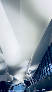 An architectural view of an airport terminal ceiling featuring modern design elements with white structural supports and large glass windows allowing natural light to enter. The ceiling has an intricate pattern and expansive space.