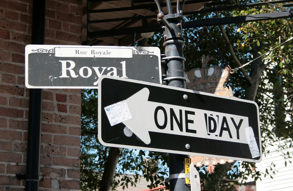 a street sign on a pole with a brick building in the background