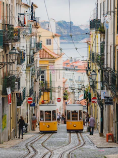 a couple of yellow trolleys driving down a street