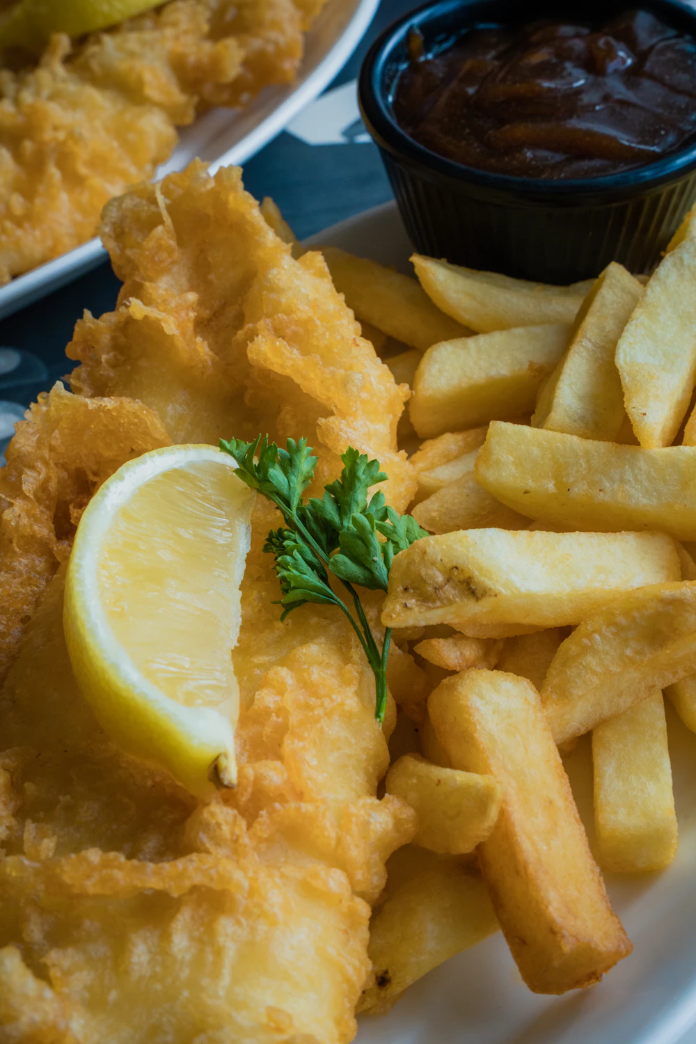 Fried fish and chips with lemon