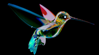 3d-rendered hummingbird silhouette filled with swirling teal, gold, and magenta acrylic pours, outlined by a thin black metallic stencil, high-gloss epoxy.