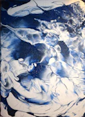 A meditative abstract piece with swirling shapes and calming blues.