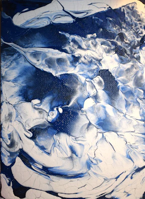 A meditative abstract piece with swirling shapes and calming blues.