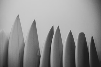 Several surfboards are lined up closely together, captured in a grayscale image. The boards are positioned vertically with pointed tips, creating a repeating pattern and highlighting their shapes.