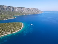 an aerial view of a boat in a body of water